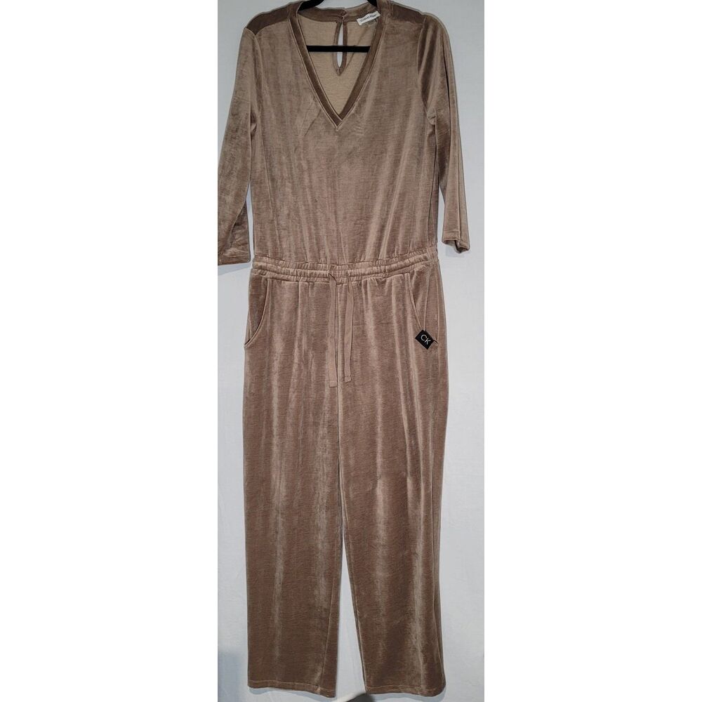 Calvin Klein Womens Jumpsuit Velour Drawstring Waist Pockets V Neck